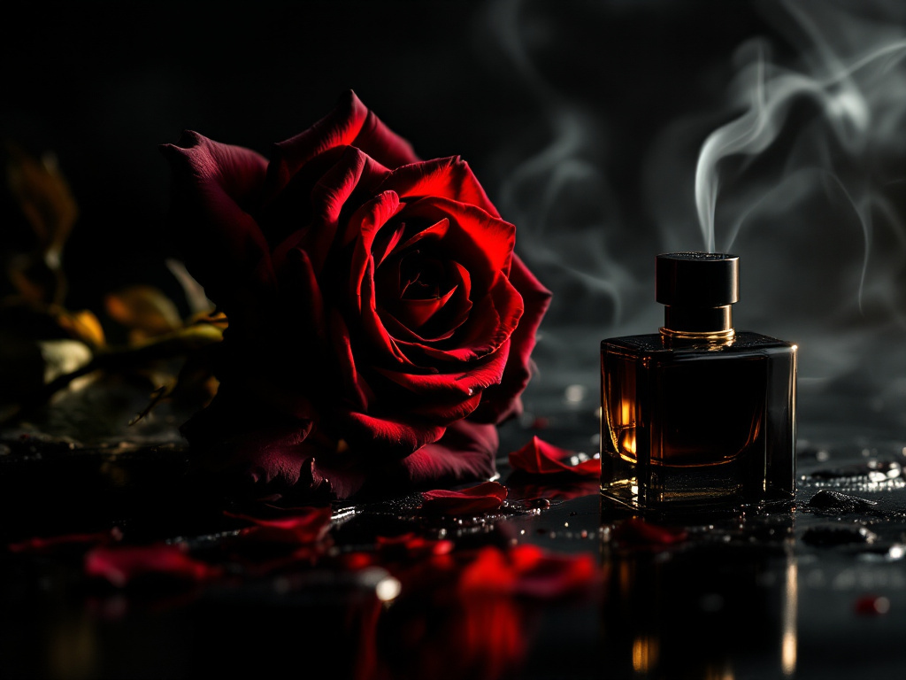 Obsidian Rose — a near-black rose beside a smoked glass flacon