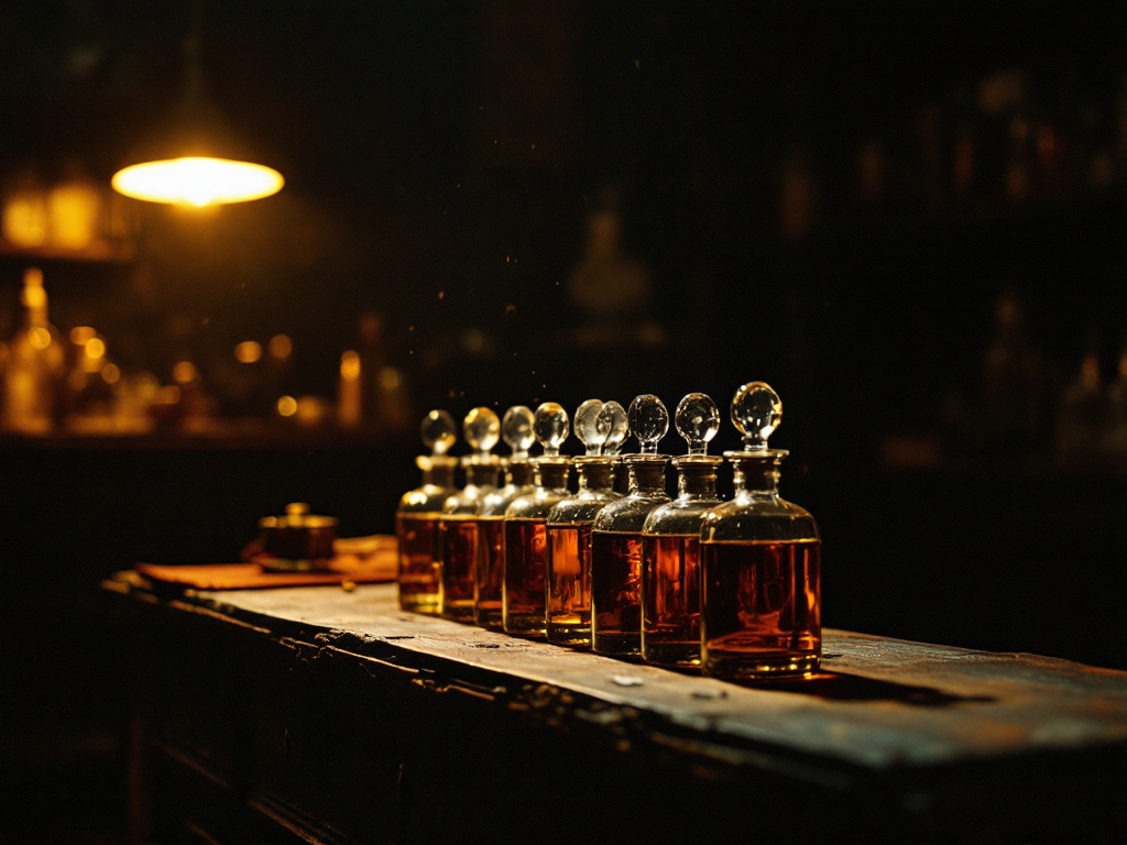 The atelier at night — copper stills and glass vessels under a single low lamp