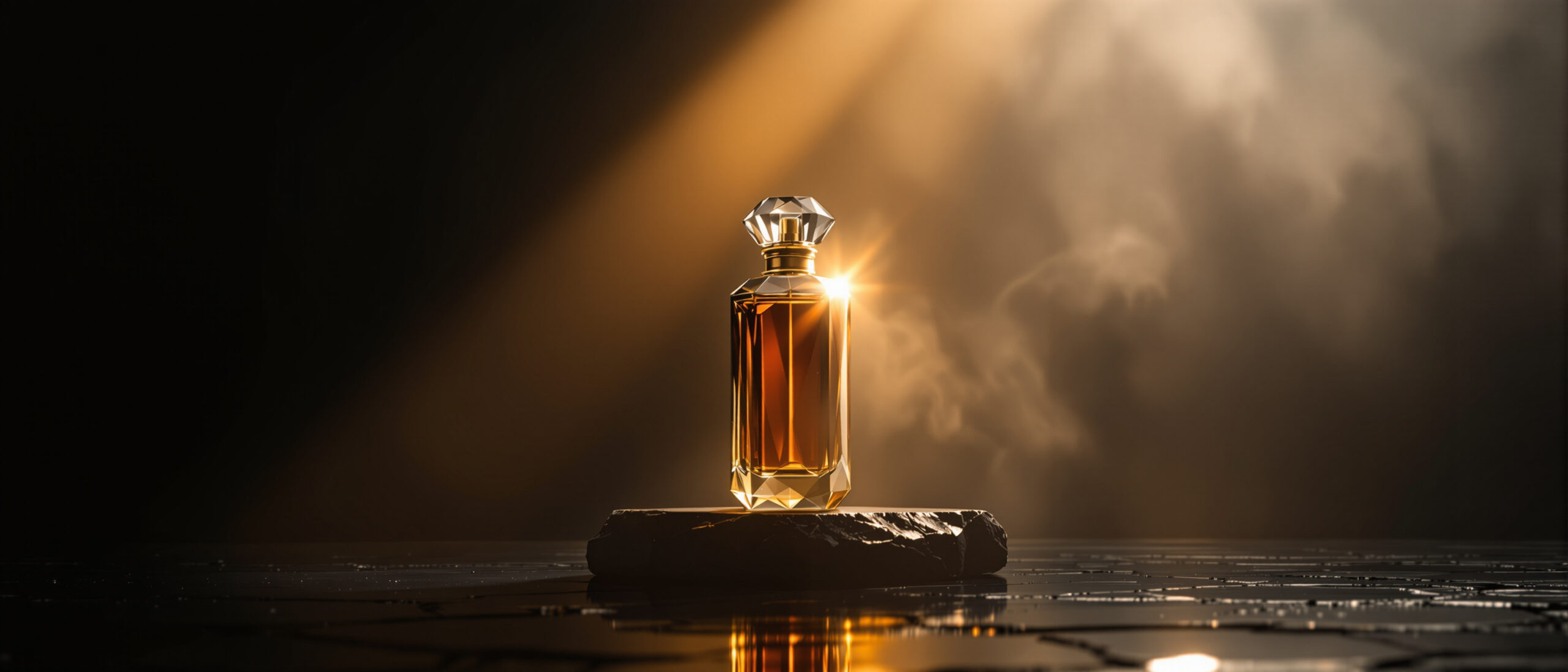 A faceted crystal flacon emerging from darkness under a single blade of gold light
